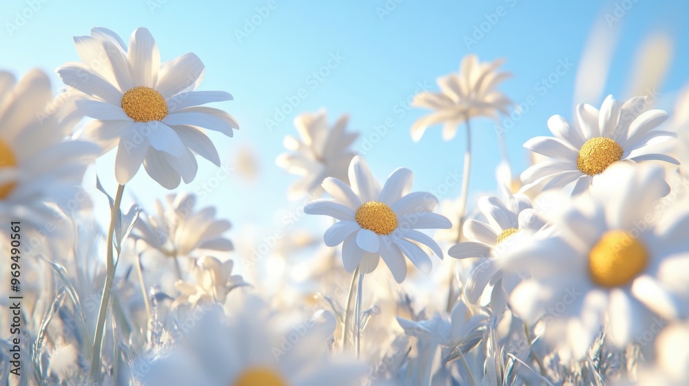 Wall mural A cluster of white daisies in a meadow, with their yellow centers shining under a clear blue sky.