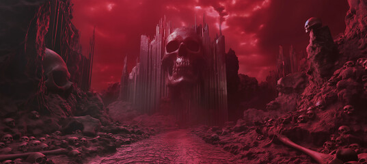 The human skull leading to red fantasy castle, game background, Halloween background, Illustration