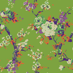 Vintage floral pattern illustration. Colorful organic nature design in seamless style. Spring season decoration with abstract flower art.