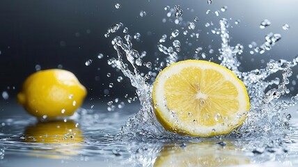 Lemon slice dropped into sparkling water, creating a splash with bubbles, Drink splash, refreshment, citrus