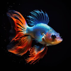 Fototapeta premium A vibrant, digitally rendered goldfish with flowing fins and bright colors against a dark background.