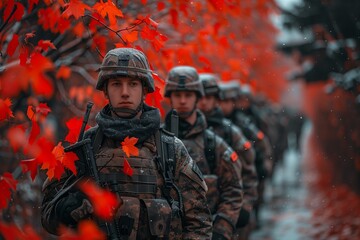 Fototapeta premium Soldiers marching in an autumn landscape surrounded by vibrant red leaves during a chilly day in the forest