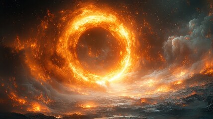 Obraz premium A fiery cosmic ring surrounded by dramatic clouds.