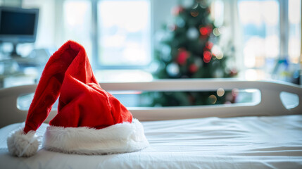 santa hat on hospital bed, festive help for patients, kindness christmas season, blur background interior of hospital ward