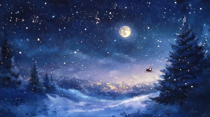 Naklejka premium A magical Christmas eve sky filled with twinkling stars and a bright full moon, with sleigh flying across the horizon.