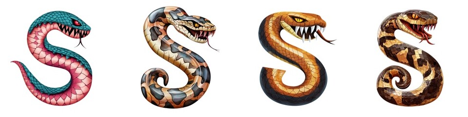 Fototapeta premium A collection of artistic snake illustrations showcasing various colors and styles, perfect for nature and wildlife themes.