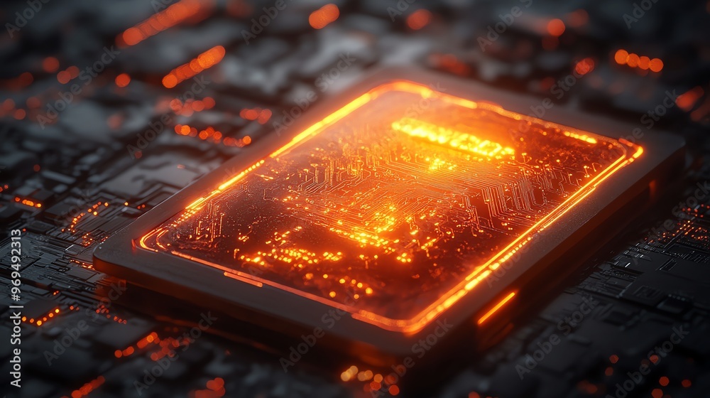 Poster A glowing orange circuit board with intricate patterns and details, set against a dark background. The circuit board is illuminated from within, creating a sense of power and energy.