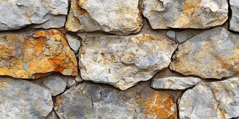 Fototapeta premium Close-up of a weathered stone wall with irregular shapes and textures.
