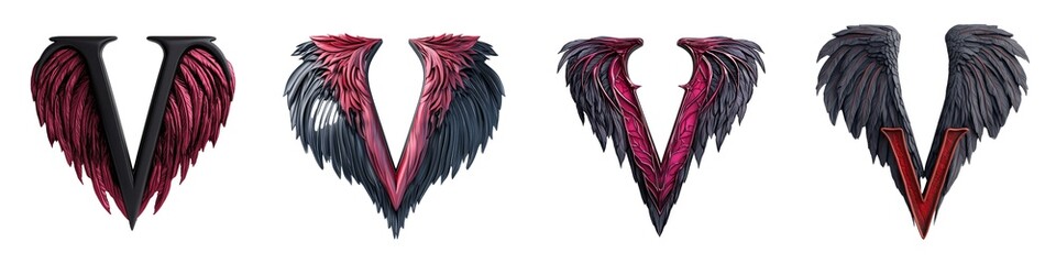 Obraz premium A striking collection of stylized 'V' shapes with feathered wings, showcasing bold colors and vibrant designs suitable for various uses.