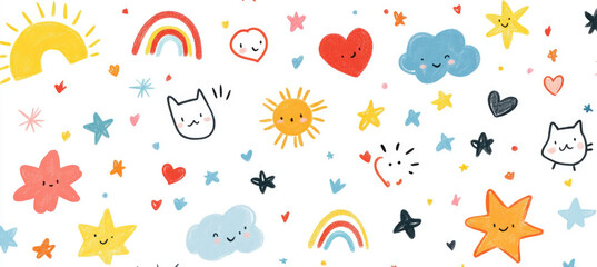 Cute doodle drawings of simple children's icons like hearts, flowers, and cats, on a white background