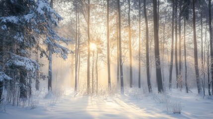 A peaceful winter forest covered in freshly fallen snow, with tall, snow-dusted trees and soft sunlight filtering through.