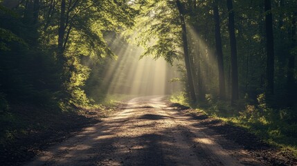 Obraz premium A dirt road leading through a dense forest, with sunlight streaming through the canopy of trees.
