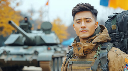 Fototapeta premium Young Asian man in military uniform with a tank in the background.