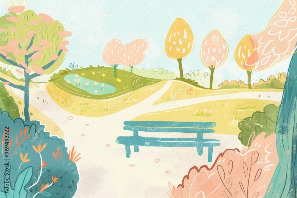 Wall mural Cute Park illustration painting outdoors drawing.