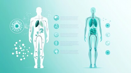 Illustration showcasing human anatomy with focus on respiratory and digestive systems in a medical infographic style.