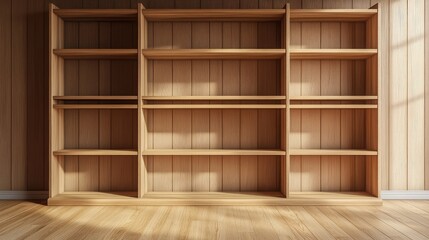 A 3D-rendered wooden bookshelf with empty shelves, minimalist in design, waiting to be filled with books or decor items.
