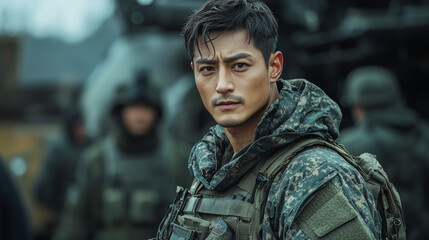 Fototapeta premium A young Asian man wearing camouflage stands with a serious expression.