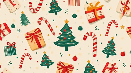 A seamless background of candy canes, Christmas trees, and gifts, arranged in a playful, colorful pattern on a light background.