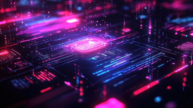 A glowing neon CPU chip on a circuit board with data streams flowing around it.