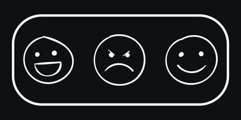Three white design emoticons in a white frame. Vector on a black background