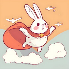 Superheld-Hase fliegt durch den Himmel &ndash; s&uuml;&szlig;e Cartoon-Illustration - Ki-Ai generiert