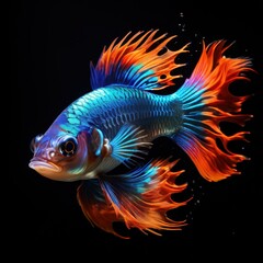 Fototapeta premium A vibrant, stylized fish with colorful fins against a black background.
