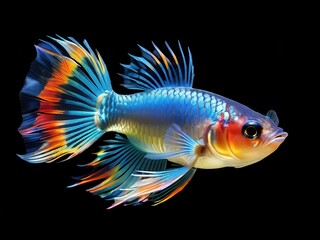 Fototapeta premium A vividly colored fish with flowing fins, showcasing its beauty against a black background.