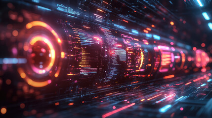 Fototapeta premium Abstract digital background with glowing neon lights, lines, and data streams.