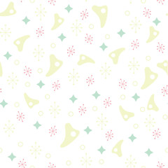 A whimsical pattern featuring abstract shapes and snowflakes in soft pastel colors.