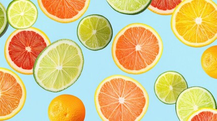 Fototapeta premium A seamless pattern of bright citrus slices--lemons, oranges, and limes--on a light blue background, creating a fresh, summery feel.
