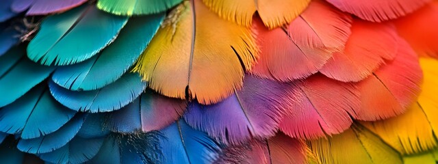 A close-up of colorful bird feathers, arranged in the shape of an LGBTQ+ flag