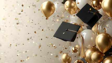 Graduation celebration with balloons and caps, symbolizing achievement and joy.