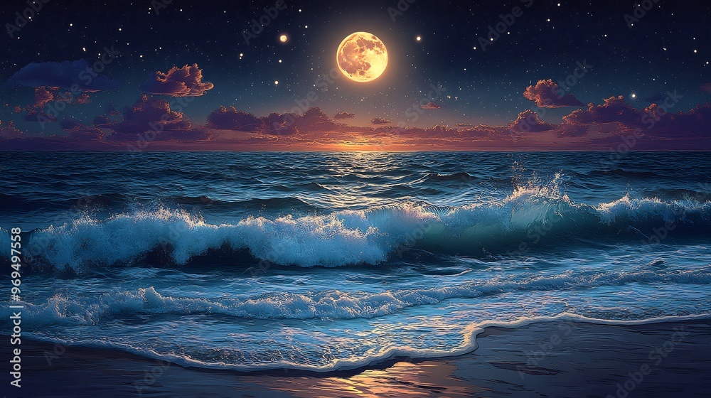Wall mural vector design of a serene moonlit ocean scene with gentle waves lapping against the shore and a glow