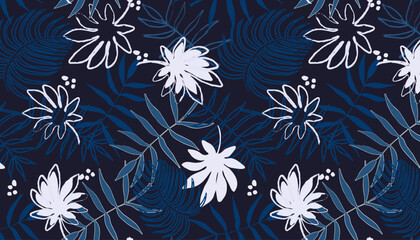A pattern with tropical leaves, botanical elements on a dark background in blue colors.  Monstera leaves, palm trees, hand-drawn branches. Background of exotic plants for banners, prints, decor