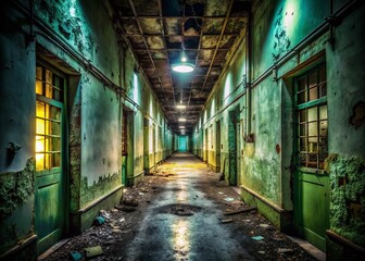 Spine-chilling abandoned asylum corridor with flickering fluorescent lights, crumbling walls, and eerie shadows,