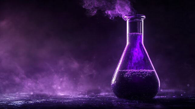 Elixir of Enchantment - Dark Purple Flask with Bubbling Liquid and Violet Glow, Cinematic High-Resolution Hyper-Realistic Image of Misty Potion Bottle on Dark Background with Detailed Intricacies