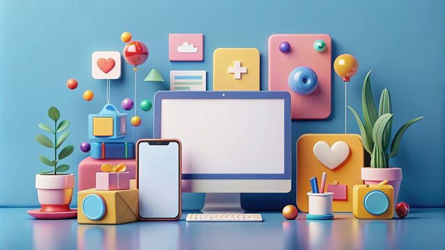 Stylized composition of colorful digital devices and props on a minimalist background, showcasing a social media app - Powered by Adobe