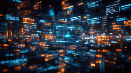 Obraz premium Abstract digital background with glowing blue and orange data streams and a focused window in the center.