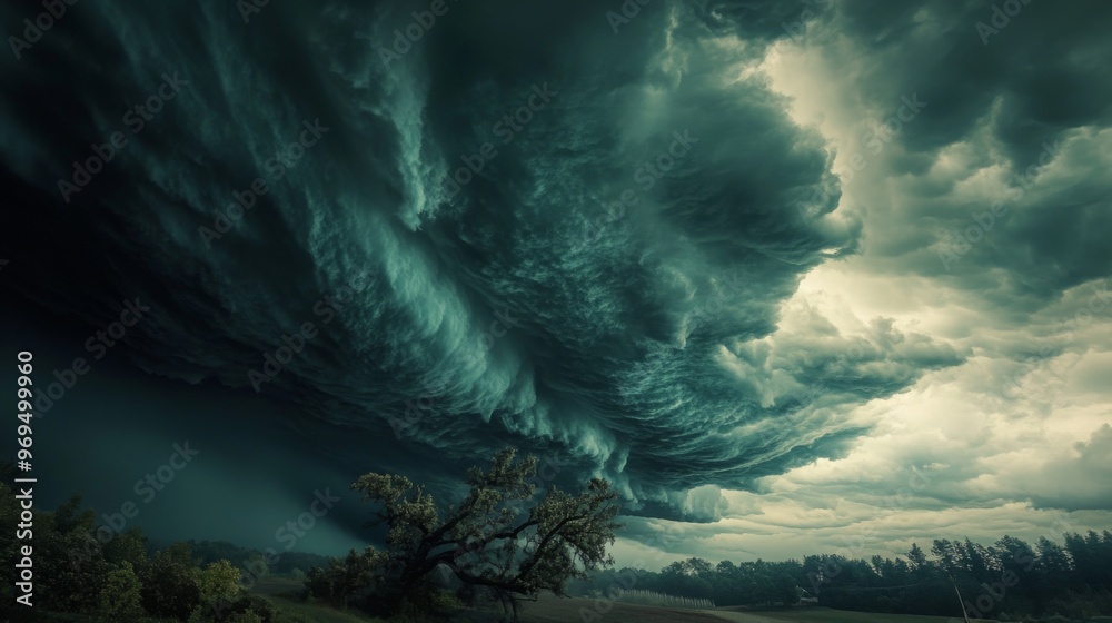 Poster close-up of a powerful summer storm with dark, swirling clouds and strong gusts of wind affecting tr