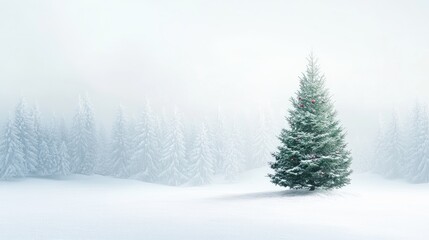 Fototapeta premium A snowy forest scene with a single decorated Christmas tree, leaving an expanse of snow and sky for adding holiday text or promotions.