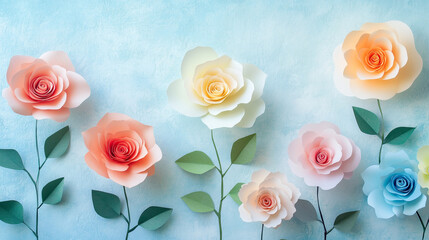 Fototapeta premium Paper roses of various colors on a light blue background