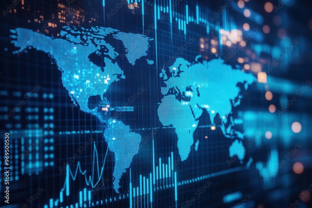 Poster a digital background featuring stock market charts and graphs, with the world map in blue hues the f