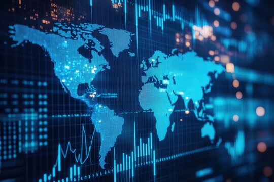 A digital background featuring stock market charts and graphs, with the world map in blue hues The focus is on financial data visualizations such as candlestick chart patterns and line Generative AI