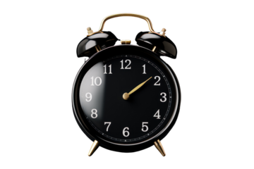 Black alarm clock with fast turning hands. on a white background show haste