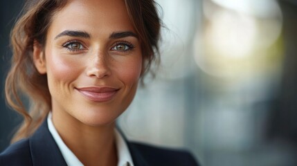 Fototapeta premium Close-up of a professional businesswoman with a warm, engaging smile, captured in high detail, reflecting confidence and competence in her field