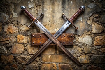 Two medieval swords with intricately designed hilts and worn leather grips crossed at right angles, forming an X