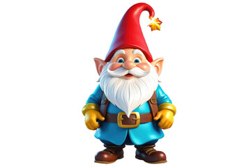 Fototapeta premium 3D cartoon gnome, full body, radiating charming delights, positioned grandly on a pristine white backdrop, high resolution, sleekly designed, spectacular, high-definition, volumetric lighting effects