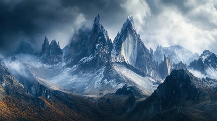 Fototapeta premium A dramatic mountain range with jagged peaks and rocky ridges, partially covered in snow with a stormy sky overhead.