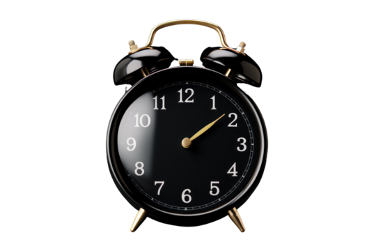 Black alarm clock with fast turning hands. on a white background show haste