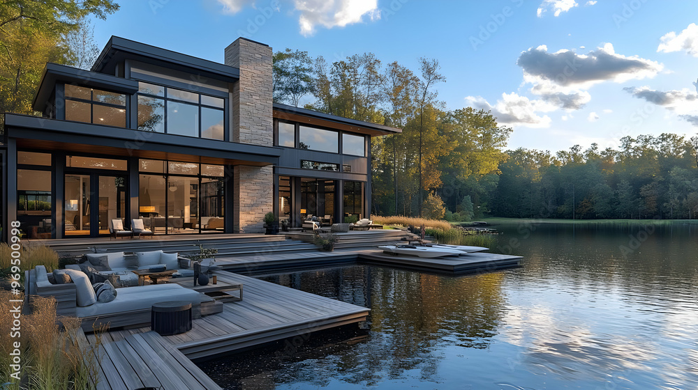 Wall mural modern lakeside house with large windows and outdoor seating by the water.